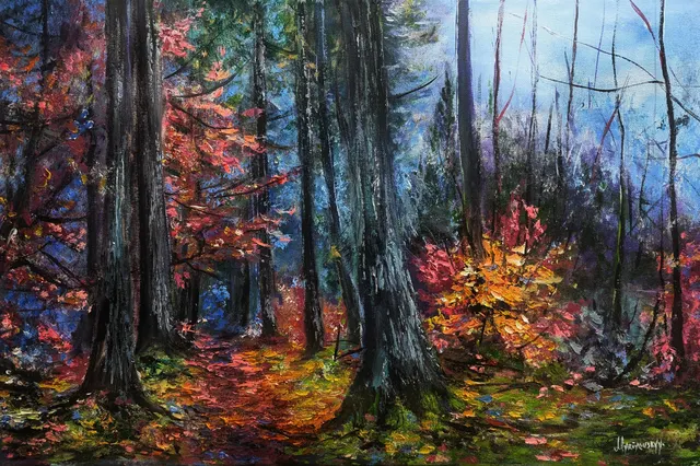Enchanted Dark Forest — original impressionist oil painting by Volodymyr Myriyevskyy, 60 × 40 cm (24″ × 16″)