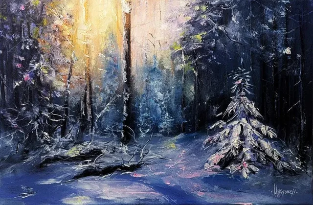 Winter Forest, Snow-Covered Fir — original impressionist oil painting by Volodymyr Myriyevskyy, 60 × 40 cm (24″ × 16″)