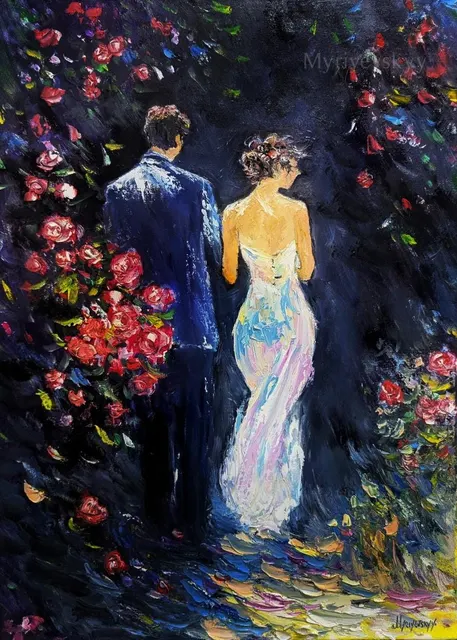 Evening Stroll — original impressionist oil painting by Volodymyr Myriyevskyy, 50 × 70 cm (20″ × 28″)