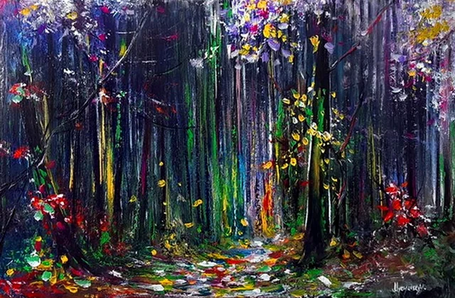 Mystical Forest, Night Blossoms — original impressionist oil painting by Volodymyr Myriyevskyy, 60 × 40 cm (24″ × 16″)