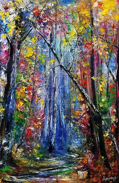 Enchanted Autumn Forest — original impressionist oil painting by Volodymyr Myriyevskyy, 40 × 60 cm (16″ × 24″)