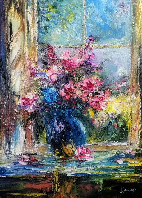 Peonies by the Window — original impressionist oil painting by Volodymyr Myriyevskyy, 50 × 70 cm (20″ × 28″)