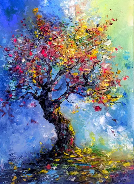 Tree in Light — original impressionist oil painting by Volodymyr Myriyevskyy, 50 × 70 cm (20″ × 28″)