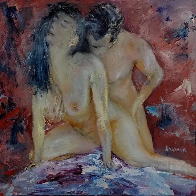 Intimate Moment — original impressionist oil painting by Volodymyr Myriyevskyy, 60 × 60 cm (24″ × 24″)
