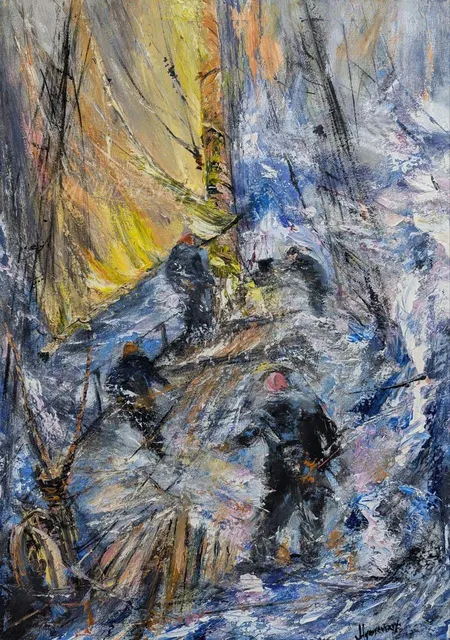 Harsh Adventures, Grey Squall — original impressionist oil painting by Volodymyr Myriyevskyy, 50 × 70 cm (20″ × 28″)