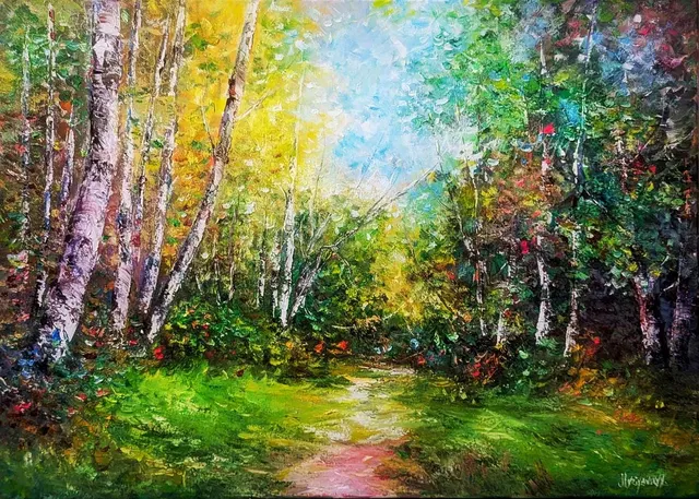 Sunny forest — original impressionist oil painting by Volodymyr Myriyevskyy, 70 × 50 cm (28″ × 20″)