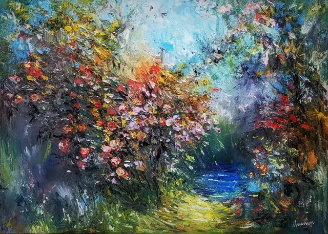 Bloom Path to Water — original impressionist oil painting by Volodymyr Myriyevskyy, 70 × 50 cm (28″ × 20″)