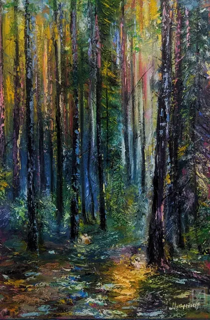 Fairytale forest of light — original impressionist oil painting by Volodymyr Myriyevskyy, 40 × 60 cm (16″ × 24″)