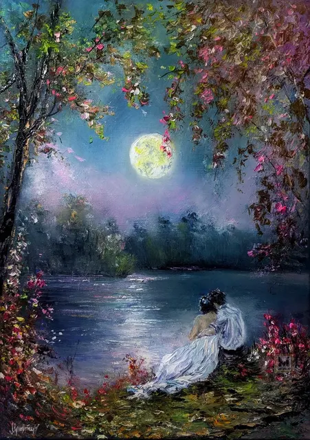 Enchanted Encounter — original impressionist oil painting by Volodymyr Myriyevskyy, 50 × 70 cm (20″ × 28″)