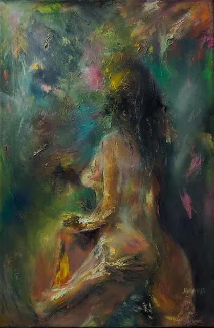 Erotic Dream — original impressionist oil painting by Volodymyr Myriyevskyy, 40 × 60 cm (16″ × 24″)