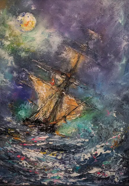 Old Pirate Ship — original impressionist oil painting by Volodymyr Myriyevskyy, 50 × 70 cm (20″ × 28″)