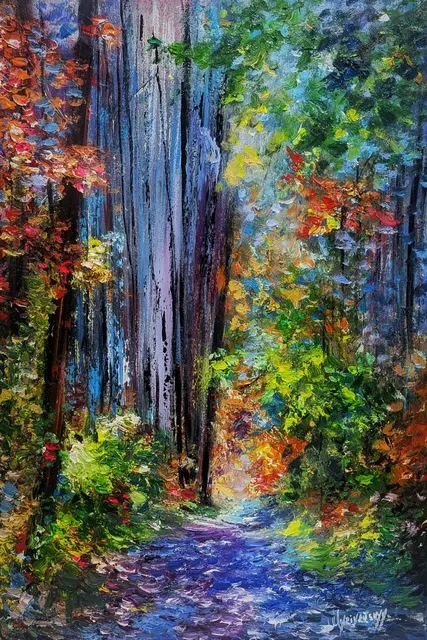 One day in a magical forest — original impressionist oil painting by Volodymyr Myriyevskyy, 40 × 60 cm (16″ × 24″)