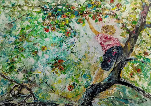 Boy on tree branch reaching for apple — original impressionist oil painting by Volodymyr Myriyevskyy, 70 × 50 cm (28″ × 20″)