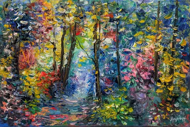 Forest of Dreams in Full Colour — original impressionist oil painting by Volodymyr Myriyevskyy, 60 × 40 cm (24″ × 16″)