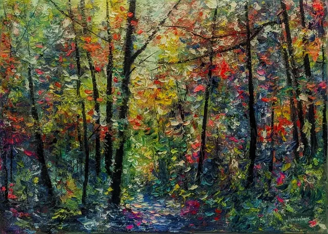 Sunny Forest Path — original impressionist oil painting by Volodymyr Myriyevskyy, 70 × 50 cm (28″ × 20″)