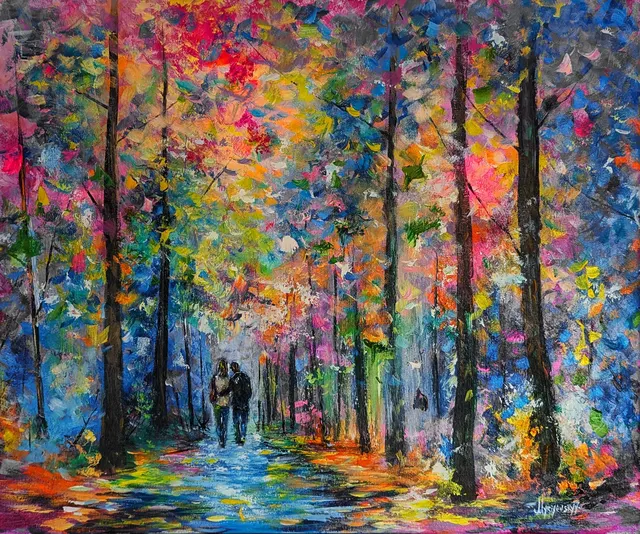 Romantic Stroll on the Forest Path — original impressionist oil painting by Volodymyr Myriyevskyy, 60 × 50 cm (24″ × 20″)