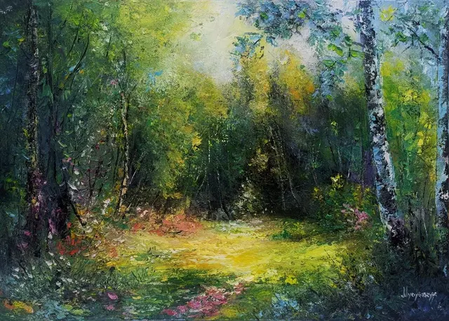 Glade in the Birch Forest — original impressionist oil painting by Volodymyr Myriyevskyy, 70 × 50 cm (28″ × 20″)