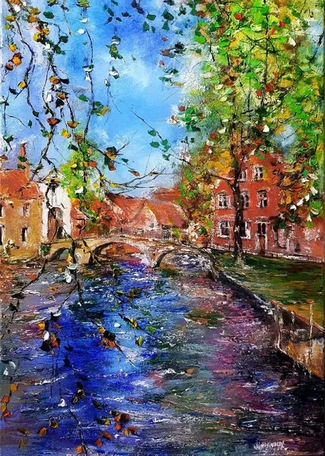 Old Bridge in Bruges — original impressionist oil painting by Volodymyr Myriyevskyy, 50 × 70 cm (20″ × 28″)