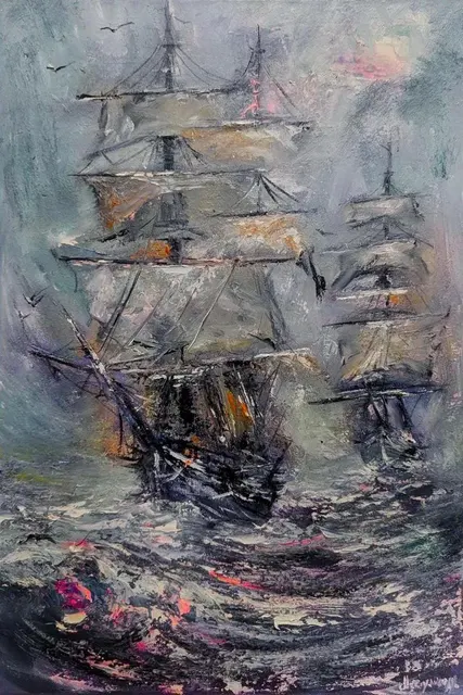 Two Ships in the Tempest — original impressionist oil painting by Volodymyr Myriyevskyy, 40 × 60 cm (16″ × 24″)
