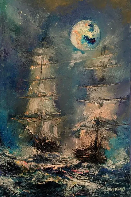 Ships Under the Full Moon — original impressionist oil painting by Volodymyr Myriyevskyy, 40 × 60 cm (16″ × 24″)