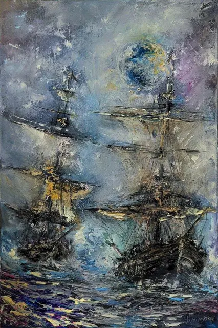 Two Old Ships in the High Sea — reserved for Oleg Tsykalo — original impressionist oil painting by Volodymyr Myriyevskyy, 40 × 60 cm (16″ × 24″)