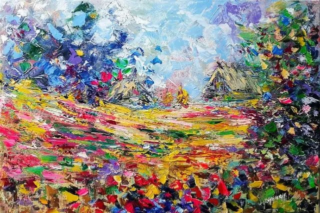 Field of flowers — original impressionist oil painting by Volodymyr Myriyevskyy, 60 × 40 cm (24″ × 16″)