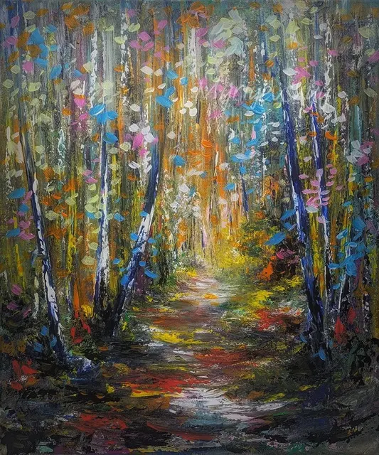 Birch Sunny Path — original impressionist oil painting by Volodymyr Myriyevskyy, 50 × 60 cm (20″ × 24″)