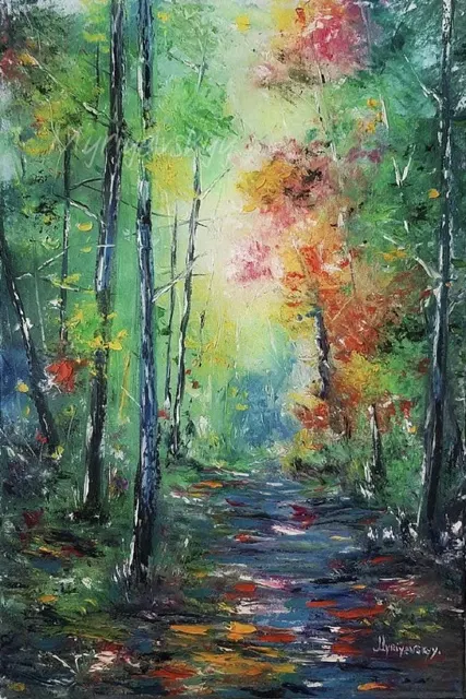 Emerald Forest Trail in Spring — original impressionist oil painting by Volodymyr Myriyevskyy, 40 × 60 cm (16″ × 24″)