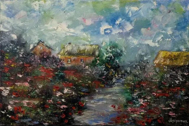 Country Cottages — original impressionist oil painting by Volodymyr Myriyevskyy, 60 × 40 cm (24″ × 16″)