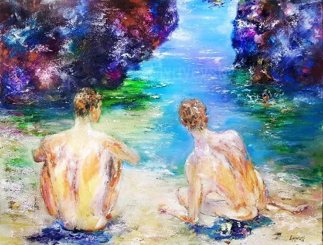 Two Figures by the Shore — original impressionist oil painting by Volodymyr Myriyevskyy, 80 × 60 cm (31″ × 24″)