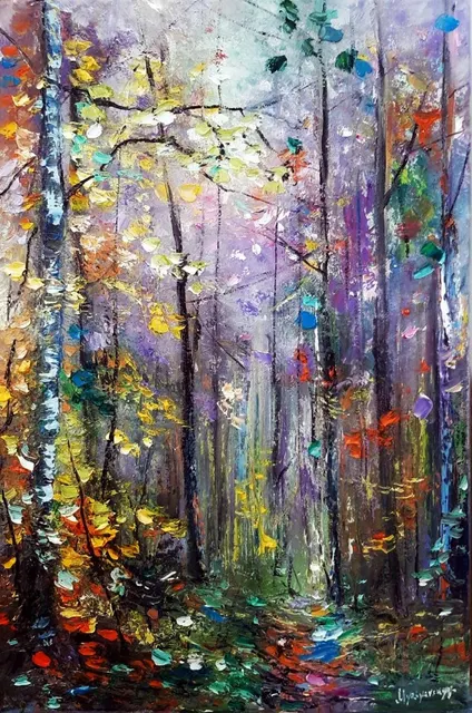 Sunlit autumn forest — original impressionist oil painting by Volodymyr Myriyevskyy, 40 × 60 cm (16″ × 24″)