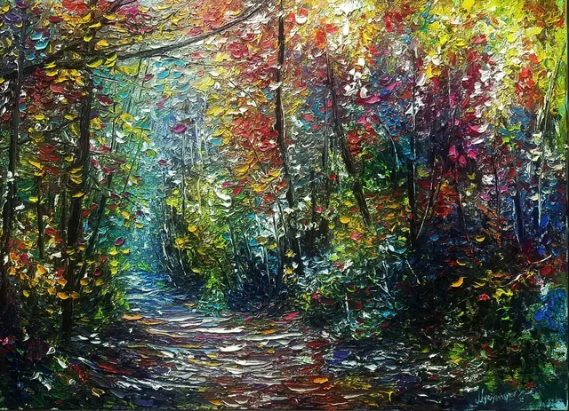 A walk of a thousand shades — original impressionist oil painting by Volodymyr Myriyevskyy, 70 × 50 cm (28″ × 20″)