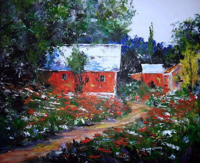 Poppy field with house — original impressionist oil painting by Volodymyr Myriyevskyy, 60 × 50 cm (24″ × 20″)