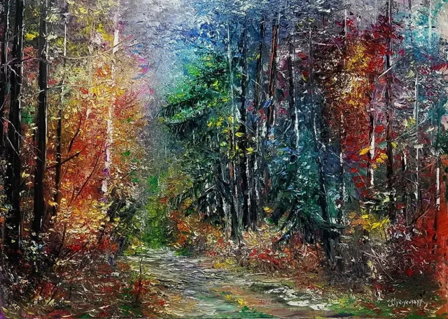 Autumn path in the forest — original impressionist oil painting by Volodymyr Myriyevskyy, 70 × 50 cm (28″ × 20″)