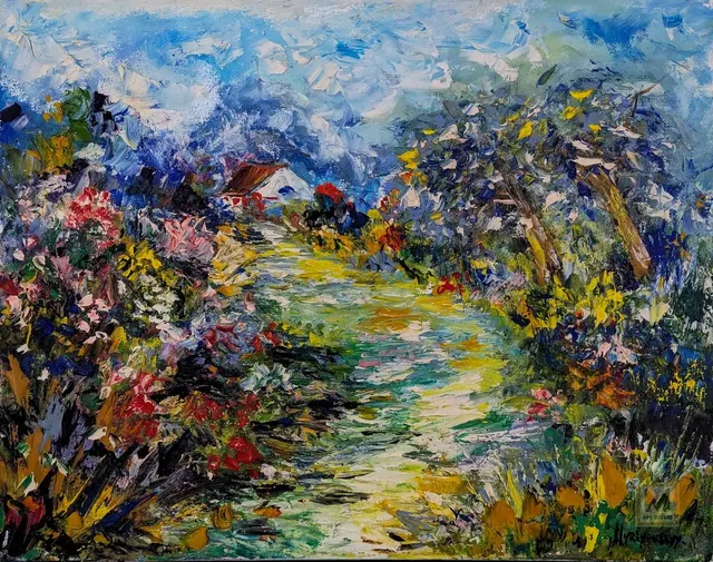 Enchanted Garden Path — original impressionist oil painting by Volodymyr Myriyevskyy, 50 × 40 cm (20″ × 16″)