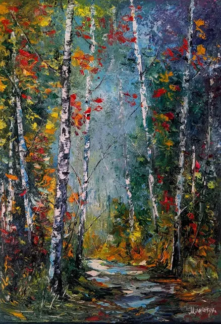 Fairytale Forest Shadows — original impressionist oil painting by Volodymyr Myriyevskyy, 50 × 70 cm (20″ × 28″)