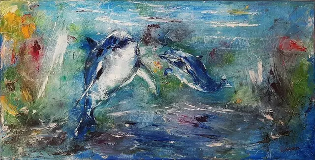 Dolphins — original impressionist oil painting by Volodymyr Myriyevskyy, 80 × 40 cm (31″ × 16″)