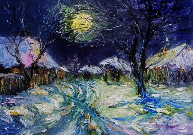 Snowy village in moonlight — original impressionist oil painting by Volodymyr Myriyevskyy, 70 × 50 cm (28″ × 20″)