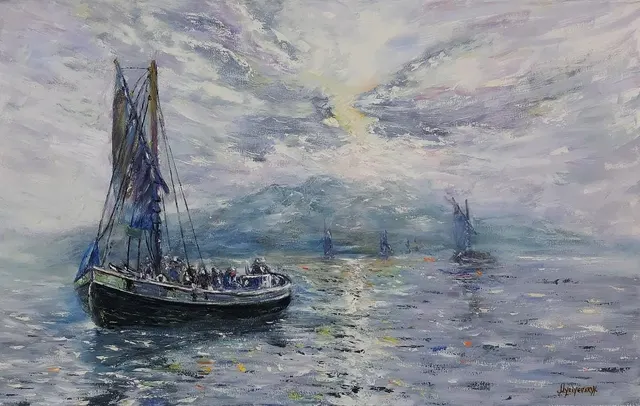 Sails in the Mist — original impressionist oil painting by Volodymyr Myriyevskyy, 80 × 50 cm (31″ × 20″)
