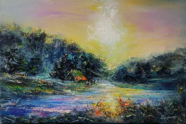 Sunrise — original impressionist oil painting by Volodymyr Myriyevskyy, 60 × 40 cm (24″ × 16″)