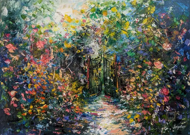 Secret garden — original impressionist oil painting by Volodymyr Myriyevskyy, 70 × 50 cm (28″ × 20″)