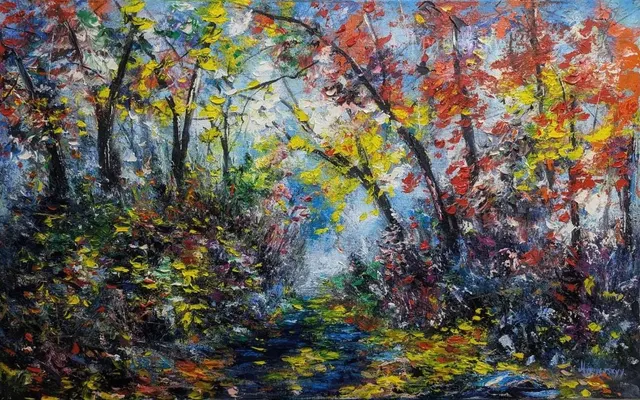 Autumn forest — original impressionist oil painting by Volodymyr Myriyevskyy, 80 × 50 cm (31″ × 20″)