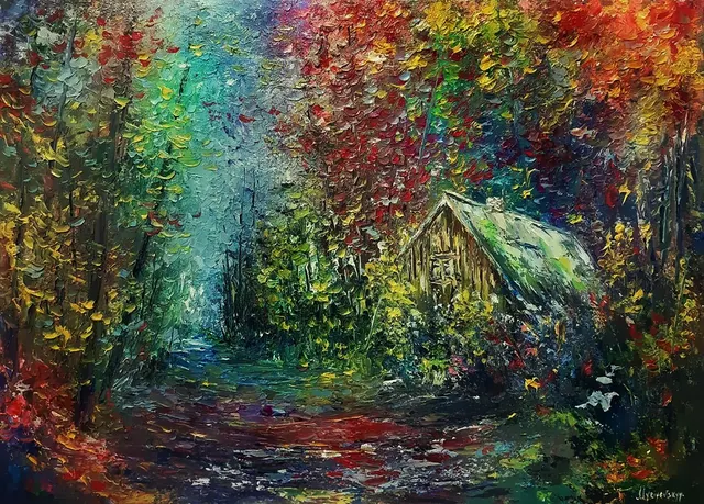 Early Autumn Forest Cottage — original impressionist oil painting by Volodymyr Myriyevskyy, 70 × 50 cm (28″ × 20″)