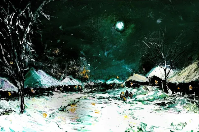 Midnight somewhere — original impressionist oil painting by Volodymyr Myriyevskyy, 60 × 40 cm (24″ × 16″)
