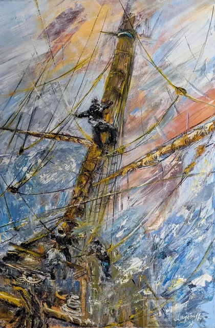 A Man’s Work at Sea — original impressionist oil painting by Volodymyr Myriyevskyy, 40 × 60 cm (16″ × 24″)