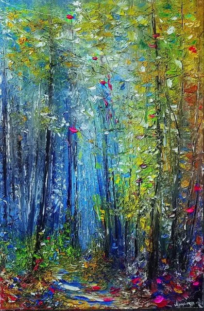 Enchanted Forest in Blue Shadow — original impressionist oil painting by Volodymyr Myriyevskyy, 40 × 60 cm (16″ × 24″)