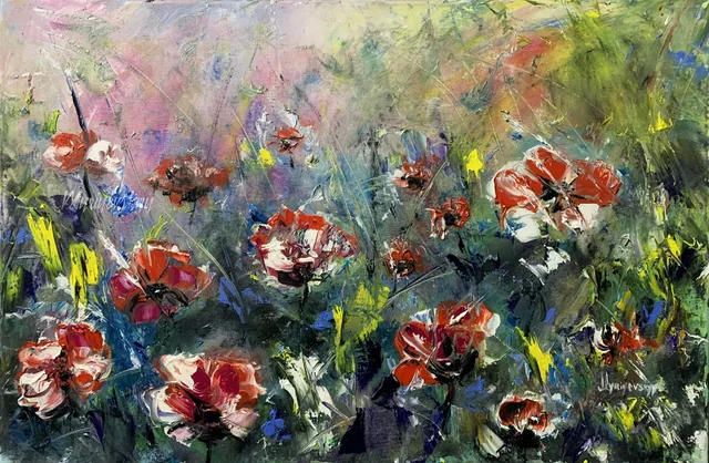 Red Poppies — original impressionist oil painting by Volodymyr Myriyevskyy, 60 × 40 cm (24″ × 16″)