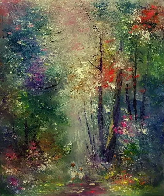 Magic forest — original impressionist oil painting by Volodymyr Myriyevskyy, 50 × 60 cm (20″ × 24″)