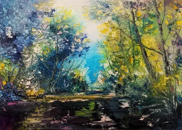 Forest Lake — original impressionist oil painting by Volodymyr Myriyevskyy, 70 × 50 cm (28″ × 20″)