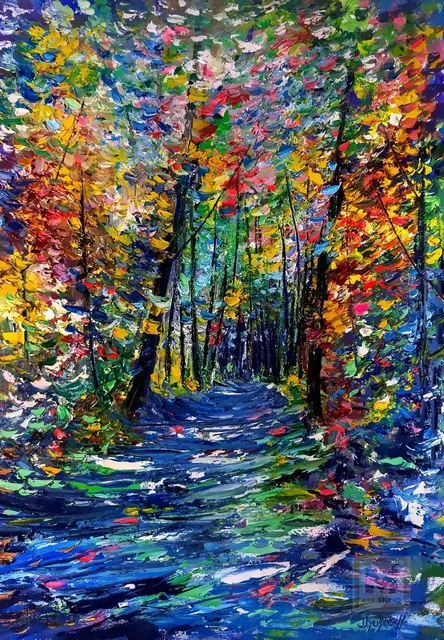 Shadows on the Forest Path — original impressionist oil painting by Volodymyr Myriyevskyy, 50 × 70 cm (20″ × 28″)